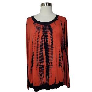 Donna Karan Red Blue Long Sleeve Crew Neck Tie Dye Mixed Media Top Size Medium